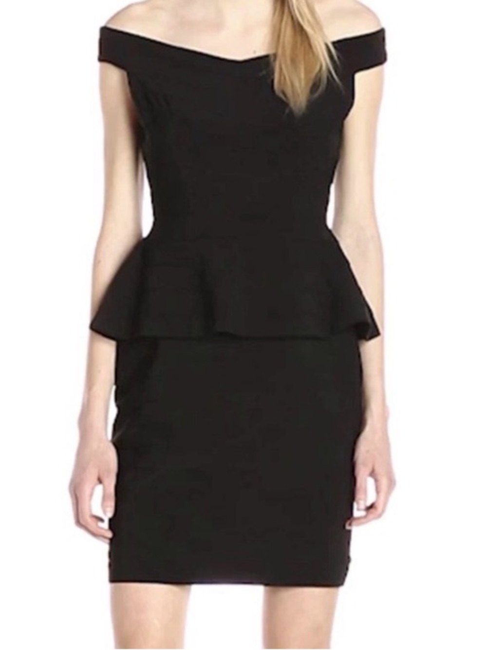 Adrianna Papell Black Off Shoulder Banded Bodycon Peplum Cocktail Dress Size 10